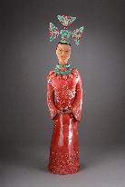 Ceramic Sculpture of Jade Butterfly Deity with elaborate headdress, created by ceramic sculptor Antonia Lawson