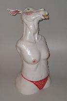 Ceramic sculpture of anthropomorphic rabbit with female body topless wearing a red thong