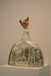 Ceramic sculpture French country mouse with colored pencil drawing of french village scene