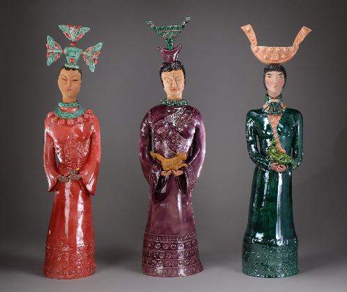 Three new ceramic sculptures of asian altar deities, Dragon Protector, Asian Tiger Goddess and Jade Ruby Butterfly Goddess all ceramic sculptures by Antonia Tuppy Lawson 