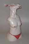 anthropomorphic white rabbit with female body wearing a red thong, tatooed and topeless, created by english bay area artist and ceramic sculptor Antonia Tuppy Lawson